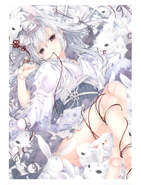 Anime picture 2919x3805 with original eshi 100-nin ten inugami kira single long hair tall image looking at viewer fringe highres light erotic hair between eyes holding animal ears bent knee (knees) white hair lying traditional clothes head tilt japanese clothes blurry