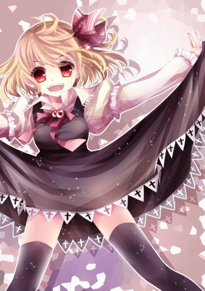 Anime picture 1753x2480 with touhou rumia mikazuki sara tall image highres short hair open mouth blonde hair red eyes happy girl thighhighs dress bow hair bow