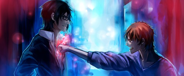 Anime picture 2000x831 with k-project gohands (studio) mikoto suoh munakata reishi highres short hair open mouth blue eyes black hair smile wide image brown eyes red hair profile multiple boys boy glasses 2 boys fist