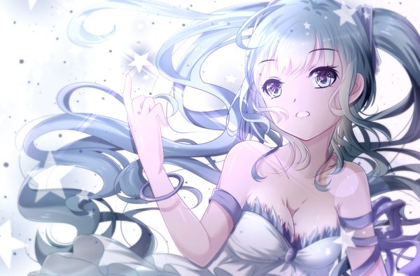 Anime picture 1520x1000 with vocaloid hatsune miku doc.lnn single long hair fringe breasts open mouth twintails bare shoulders looking away arm up aqua eyes aqua hair sleeveless outstretched arm girl dress star (symbol)