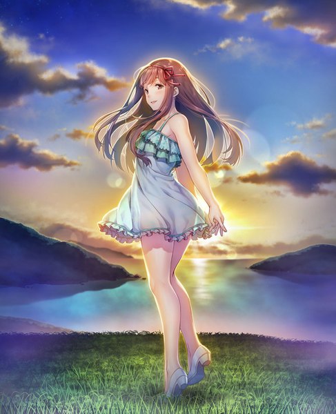 Anime picture 1000x1233 with idolmaster idolmaster million live! tanaka kotoha nanaran single long hair tall image looking at viewer blush open mouth smile brown hair standing brown eyes sky cloud (clouds) full body outdoors looking back wind