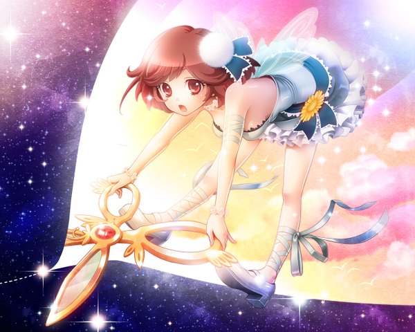 Anime picture 1280x1024 with vocaloid sorakiri scissors ~ dear super star (vocaloid) meiko koyama rikako single short hair open mouth brown hair brown eyes sky head tilt sleeveless light fairy constellation girl dress flower (flowers) ribbon (ribbons) miniskirt