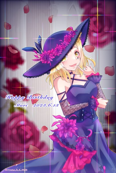 Anime picture 1181x1748 with love live! sunshine!! sunrise (studio) love live! ohara mari ritsuka (rituka) single tall image looking at viewer blush short hair open mouth blonde hair smile bare shoulders signed yellow eyes long sleeves :d twitter username official alternate costume