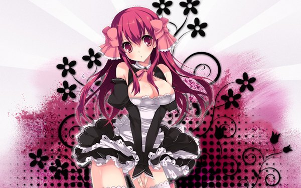 Anime picture 1440x900 with long hair blush light erotic red eyes wide image cleavage red hair maid pantyshot jpeg artifacts thighhighs bow hair bow