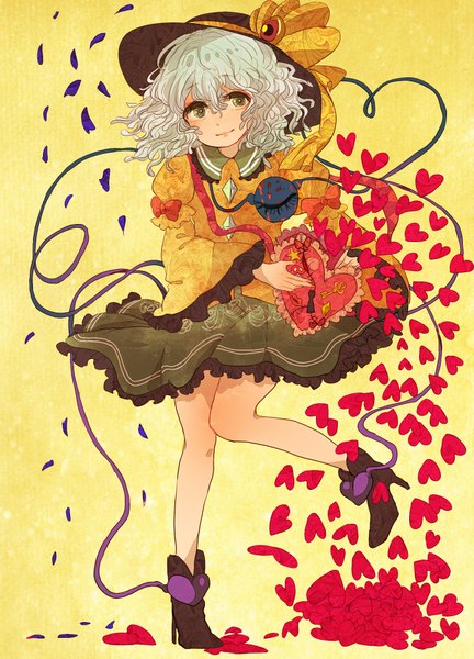 Anime picture 1350x1875 with touhou komeiji koishi chiri (o9o9) single tall image short hair simple background green eyes white hair high heels yellow background curly hair heart of string girl skirt bow hat petals heart green skirt