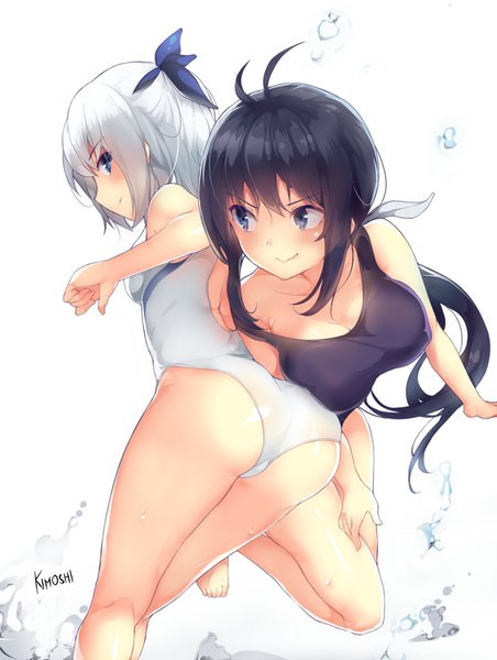 Anime picture 1000x1325 with keijo!!!!!!!! xebec kaminashi nozomi miyata sayaka kimoshi long hair tall image blush blue eyes light erotic black hair simple background smile white background multiple girls ahoge bent knee (knees) ass white hair profile