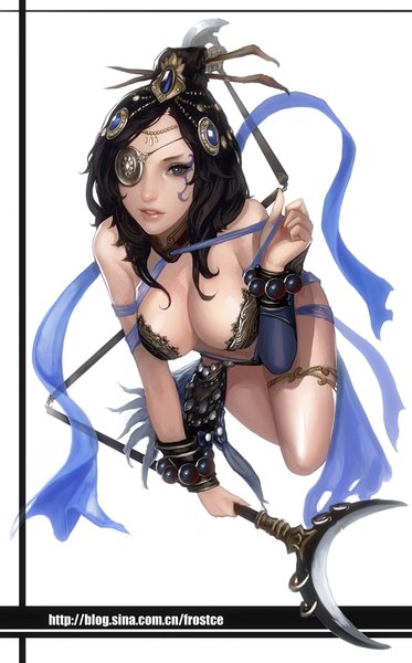 Anime picture 1245x2000 with sakusaku (frostce) single long hair tall image looking at viewer breasts blue eyes light erotic black hair simple background white background lips tattoo girl eyepatch