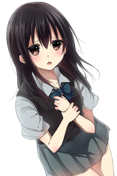 Anime picture 1000x1500 with original yamasuta single long hair tall image blush open mouth black hair brown eyes hand on chest sad girl skirt shirt serafuku