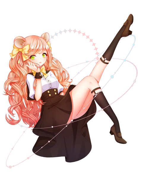 Anime picture 700x837 with original ming (applem7) single long hair tall image looking at viewer open mouth white background green eyes animal ears pink hair legs girl dress bow hair bow socks black socks
