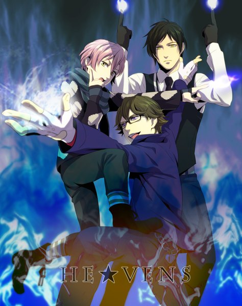 Anime picture 1500x1895 with uta no prince-sama a-1 pictures mikado nagi sumeragi kira ootori eiichi moge-hera tall image short hair open mouth black hair brown hair purple eyes yellow eyes pink hair multiple boys blue background boy gloves shirt glasses