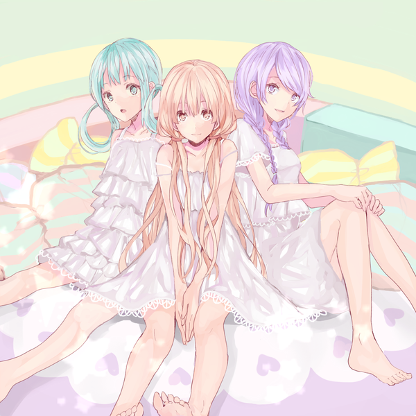 Anime picture 1000x1000 with original minaduki0038 long hair looking at viewer open mouth smile purple eyes twintails multiple girls pink hair purple hair braid (braids) pink eyes barefoot aqua eyes aqua hair twin braids low twintails girl dress