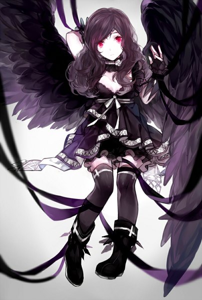 Anime picture 800x1184 with dragon nest pixiv imi fumei single long hair tall image looking at viewer red eyes purple hair zettai ryouiki gradient background pale skin girl thighhighs dress gloves bow wings fingerless gloves cross