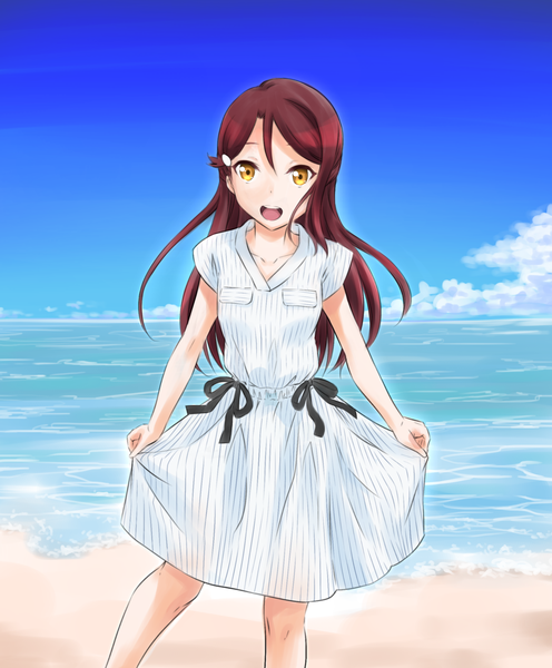 Anime picture 1947x2353 with love live! sunshine!! sunrise (studio) love live! sakurauchi riko tanohito single long hair tall image looking at viewer fringe highres open mouth smile hair between eyes standing yellow eyes sky cloud (clouds) outdoors red hair