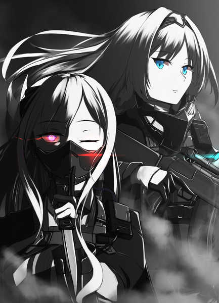 Anime picture 2080x2884 with girls frontline ak-12 (girls frontline) an-94 (girls frontline) lodbyy long hair tall image looking at viewer fringe highres blue eyes simple background hair between eyes red eyes multiple girls upper body one eye closed wind glowing finger to mouth monochrome
