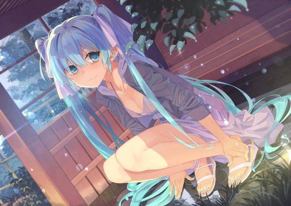 Anime picture 1600x1137 with vocaloid last memory (vocaloid) hatsune miku beek (artist) single looking at viewer blush fringe breasts hair between eyes twintails cleavage very long hair nail polish barefoot aqua eyes aqua hair open jacket bare legs dutch angle