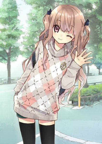 Anime picture 752x1062 with original miyoshino single long hair tall image smile brown hair brown eyes one eye closed wink two side up girl thighhighs black thighhighs plant (plants) tree (trees) sweater