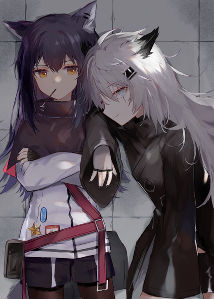 Anime picture 719x1000 with arknights texas (arknights) lappland (arknights) toufu mentaru zabuton long hair tall image looking at viewer fringe black hair hair between eyes standing multiple girls holding animal ears yellow eyes silver hair nail polish profile mouth hold scar