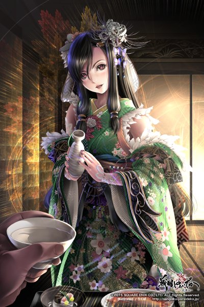 Anime picture 800x1200 with original sumomo kpa long hair tall image looking at viewer blush open mouth black hair red eyes traditional clothes japanese clothes hair flower girl hair ornament flower (flowers) detached sleeves food kimono alcohol kanzashi
