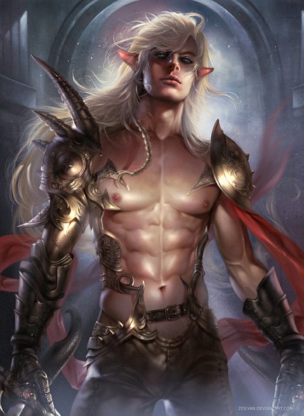 Anime picture 700x957 with zeilyan single long hair tall image looking at viewer fringe blue eyes light erotic blonde hair standing signed nipples braid (braids) lips pointy ears eyebrows elf muscle fantasy boy