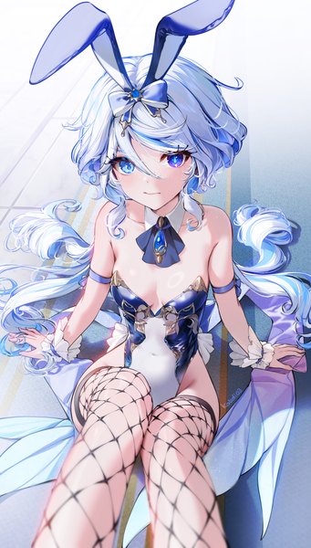 Anime picture 2319x4077 with genshin impact furina (genshin impact) kkopoli single long hair tall image looking at viewer highres blue eyes light erotic sitting animal ears cleavage silver hair multicolored hair from above bunny ears streaked hair heterochromia fake animal ears