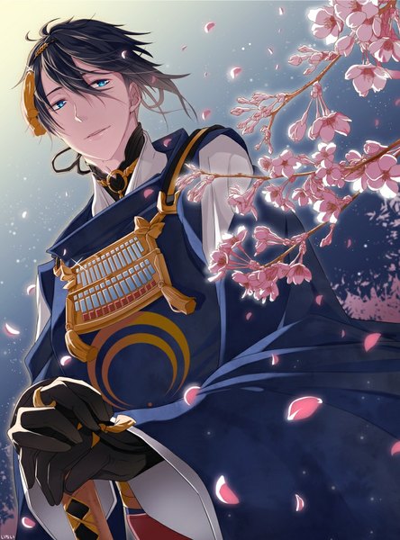 Anime picture 740x1000 with touken ranbu nitroplus mikazuki munechika single tall image short hair blue eyes black hair looking away traditional clothes light smile wind night from below night sky cherry blossoms boy gloves weapon plant (plants)