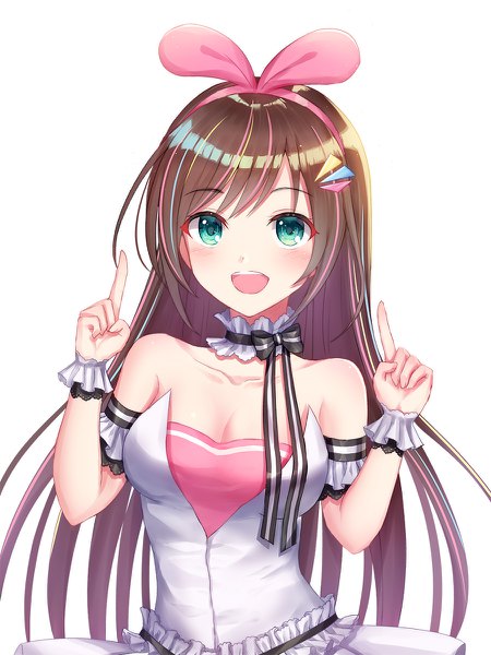 Anime picture 900x1200 with virtual youtuber a.i. channel kizuna ai kizuna ai (anniversary) seungju lee single long hair tall image looking at viewer blush fringe breasts simple background brown hair white background bare shoulders cleavage upper body multicolored hair aqua eyes