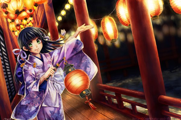 Anime picture 1818x1200 with original makina (frog) single long hair looking at viewer highres black hair green eyes japanese clothes girl kimono lantern