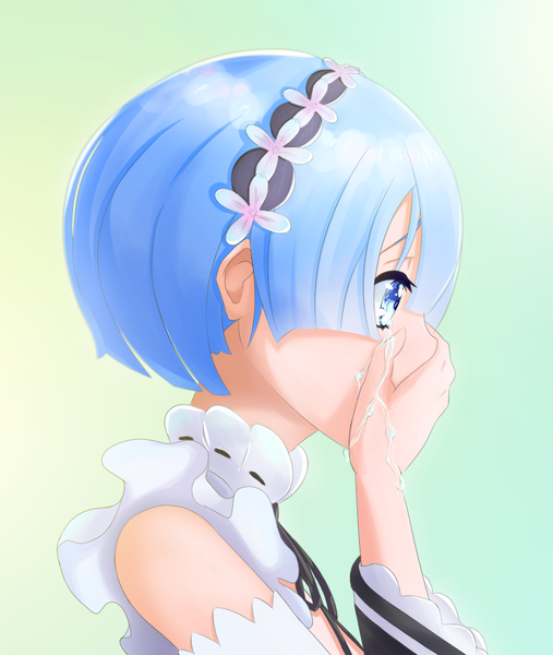 Anime picture 861x1020 with re:zero kara hajimeru isekai seikatsu white fox rem (re:zero) incarnatechaos13 single tall image fringe short hair blue eyes simple background hair between eyes bare shoulders blue hair looking away upper body profile wide sleeves maid tears gradient background