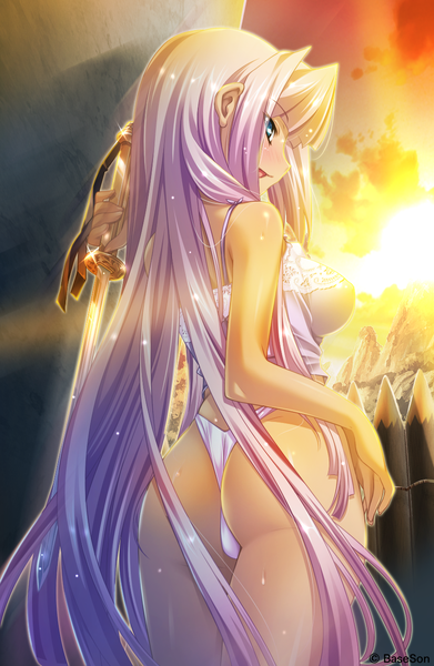 Anime picture 850x1304 with koihime musou doga kobo sonken hikage eiji single long hair tall image blush open mouth blue eyes light erotic pink hair sky cloud (clouds) ass looking back girl underwear panties weapon