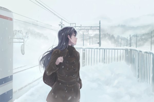 Anime picture 1281x847 with idolmaster kisaragi chihaya dara single long hair black hair brown eyes looking away looking back snowing winter snow double buttons girl jacket buttons power lines train