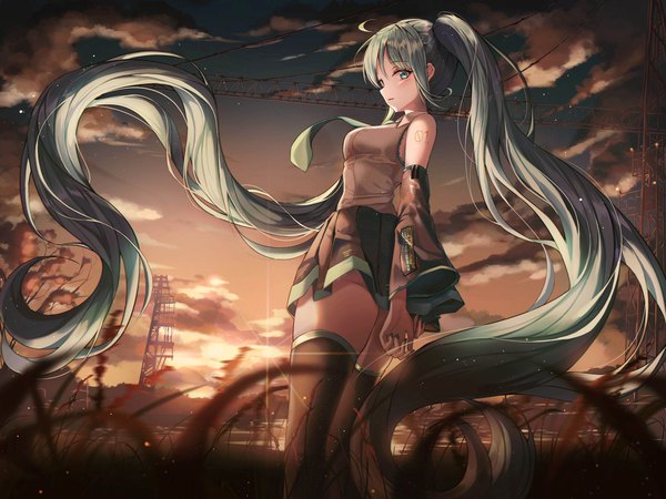 Anime picture 2048x1536 with vocaloid hatsune miku icebox46 single looking at viewer blush fringe highres open mouth standing twintails bare shoulders payot sky cloud (clouds) ahoge very long hair nail polish pleated skirt aqua eyes