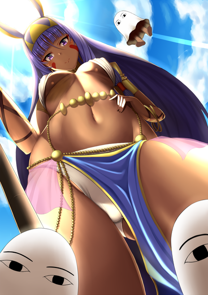Anime picture 800x1131 with fate (series) fate/grand order nitocris (fate) medjed zukky single tall image looking at viewer blush fringe breasts light erotic smile hair between eyes standing purple eyes sky purple hair cloud (clouds) very long hair