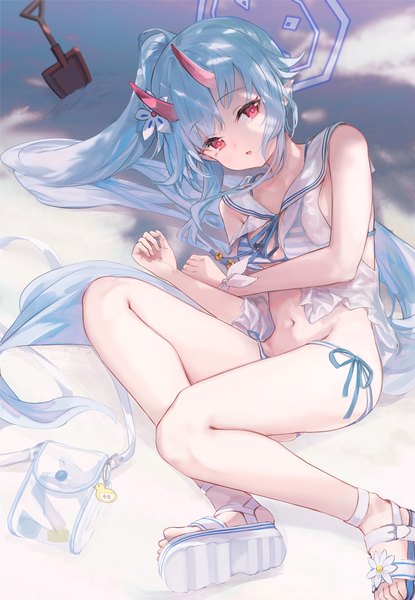 Anime picture 1382x2000 with blue archive chise (blue archive) chise (swimsuit) (blue archive) makihitsuji single tall image light erotic red eyes blue hair very long hair horn (horns) shadow official alternate costume side ponytail pale skin sand oni horns girl swimsuit bikini