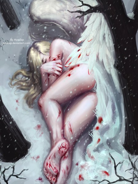 Anime picture 1536x2048 with original ayyasap single long hair tall image light erotic blonde hair lying eyes closed from above realistic legs watermark on side snowing winter snow angel wings angel blood stains