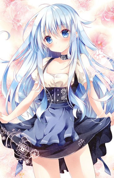 Anime picture 533x825 with kantai collection hibiki destroyer z1 destroyer (leberecht maass) nogi takayoshi single long hair tall image looking at viewer blush fringe blue eyes standing holding blue hair ahoge traditional clothes bare legs short sleeves puffy sleeves floral print