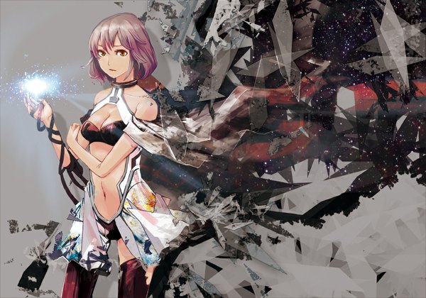 Anime picture 1000x700 with original wyx2 single looking at viewer fringe short hair open mouth standing bare shoulders brown eyes pink hair grey background bare belly magic destruction constellation girl thighhighs black thighhighs star (stars)
