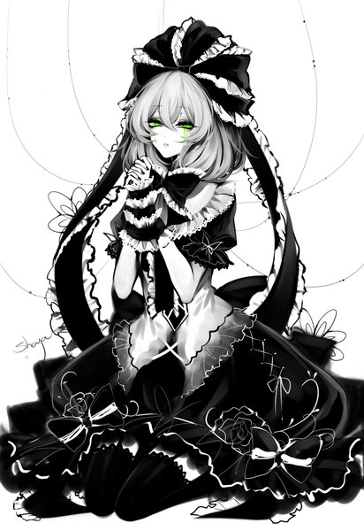 Anime picture 2200x3200 with touhou kagiyama hina sheya single long hair tall image looking at viewer fringe highres hair between eyes white background sitting green eyes signed nail polish parted lips tears monochrome hands clasped interlocked fingers