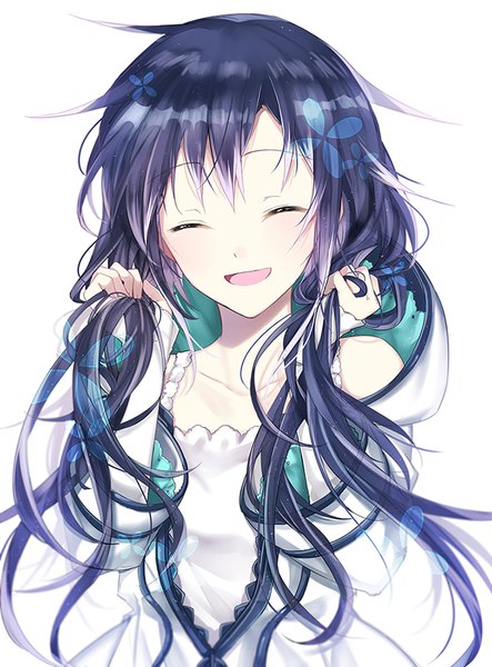 Anime picture 665x900 with utau xia yu yao flywinga7 single long hair tall image blush fringe open mouth black hair simple background smile white background twintails bare shoulders eyes closed long sleeves happy wavy hair close-up