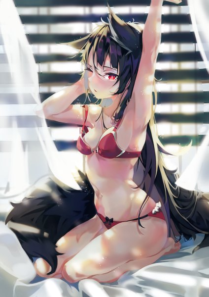 Anime picture 2480x3508 with original bokujuu single long hair tall image looking at viewer blush fringe highres breasts light erotic black hair hair between eyes red eyes sitting animal ears cleavage tail animal tail arm up