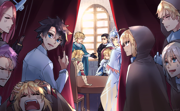 Anime picture 1133x700 with fate (series) fate/grand order artoria pendragon (all) saber tagme (character) mordred (fate) artoria pendragon (lancer) fujimaru ritsuka (male) merlin (fate) zeromomo long hair fringe short hair open mouth blue eyes black hair blonde hair hair between eyes wide image standing