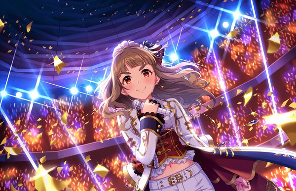 Anime picture 2560x1648 with idolmaster idolmaster cinderella girls idolmaster cinderella girls starlight stage kamiya nao single long hair looking at viewer blush fringe highres smile red eyes brown hair official art sparkle dutch angle eyebrows vanguard's passion girl earrings