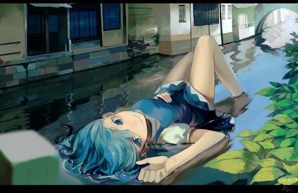 Anime picture 1200x778 with touhou cirno par single short hair blue eyes blue hair lying girl water window leaf (leaves)