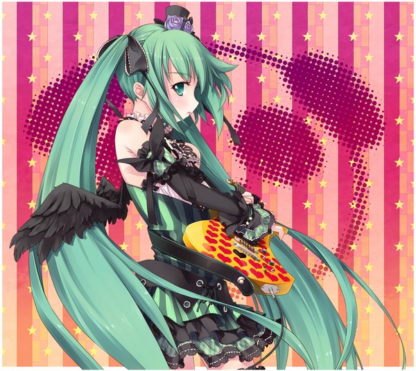 Anime picture 1000x894 with vocaloid hatsune miku hintei megane (artist) single long hair twintails green eyes green hair striped background girl dress hat detached sleeves wings frills star (symbol) guitar