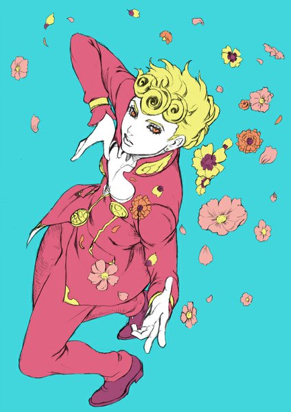 Anime picture 566x800 with jojo no kimyou na bouken giorno giovanna chounorin single tall image short hair blonde hair simple background looking away bent knee (knees) pink eyes from above piercing drill hair ear piercing aqua background boy flower (flowers) petals