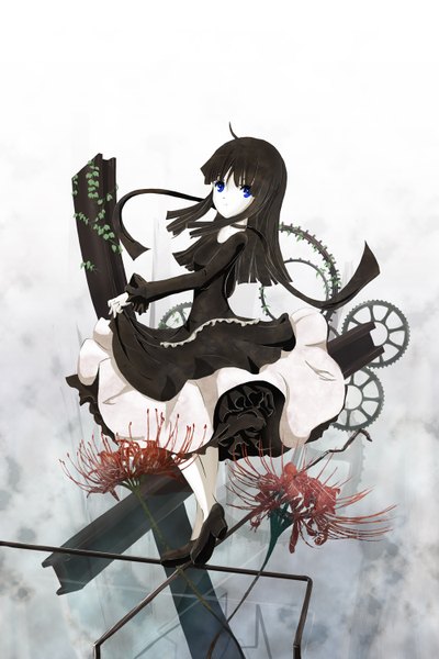 Anime picture 1000x1500 with original el (pixiv) single long hair tall image blue eyes black hair girl dress flower (flowers) plant (plants) gears