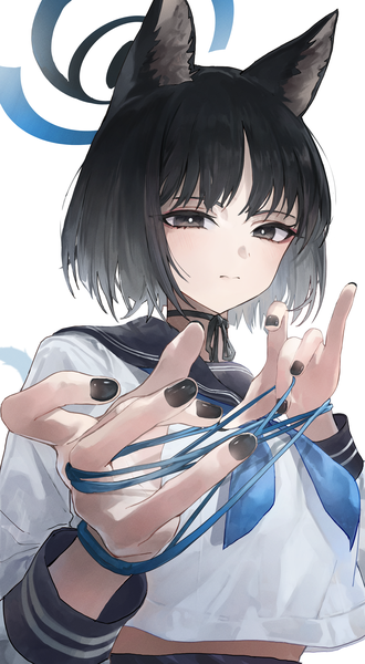 Anime picture 2146x3901 with blue archive kikyou (blue archive) megu (pixiv9460065) single tall image looking at viewer highres short hair black hair simple background white background animal ears upper body nail polish black eyes cat ears black nail polish girl uniform serafuku