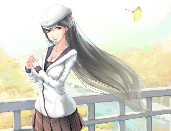 Anime-Bild 2694x2062 mit original kikivi single long hair looking at viewer fringe highres black hair smile standing outdoors pleated skirt black eyes mole girl skirt miniskirt leaf (leaves)