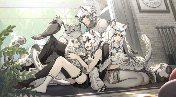 Anime picture 1200x667 with arknights pramanix (arknights) silverash (arknights) tenzin (arknights) cliffheart (arknights) feb itk long hair short hair open mouth wide image sitting multiple girls animal ears silver hair indoors tail braid (braids) :d animal tail profile