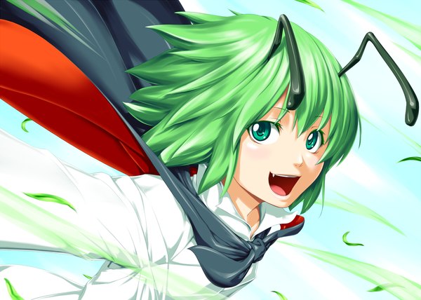 Anime picture 1120x800 with touhou wriggle nightbug kentairui single looking at viewer short hair open mouth green eyes upper body green hair fang (fangs) antennae girl cape