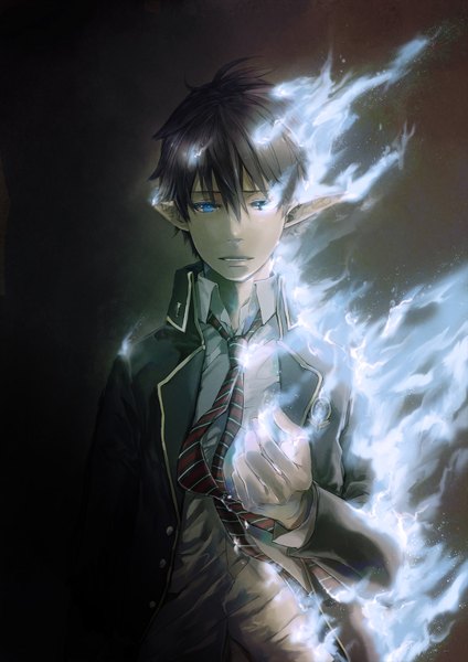 Anime picture 1240x1754 with ao no exorcist a-1 pictures okumura rin hitaki azami single tall image short hair blue eyes black hair simple background pointy ears boy uniform school uniform necktie fire flame